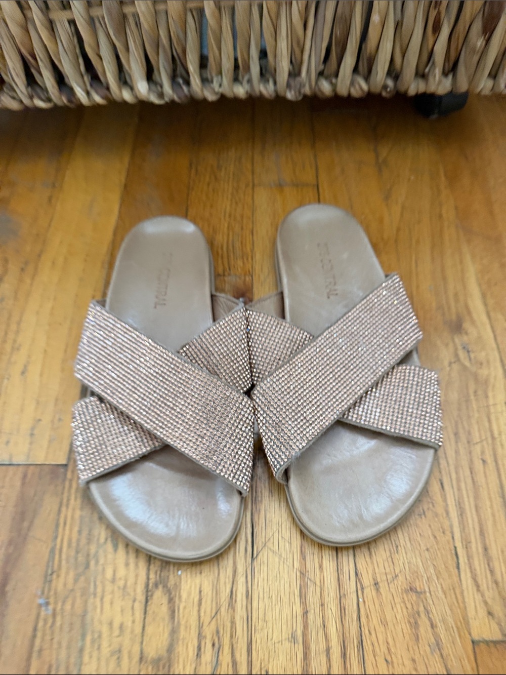 Embellished Rose Gold Crisscross Slide Sandals